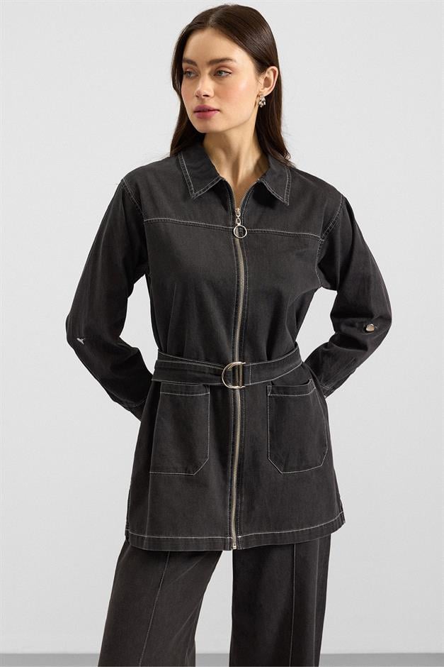 Fermuar Kapamalı Bol Paça Denim İkili Takım ANTRASİT 9392-TK