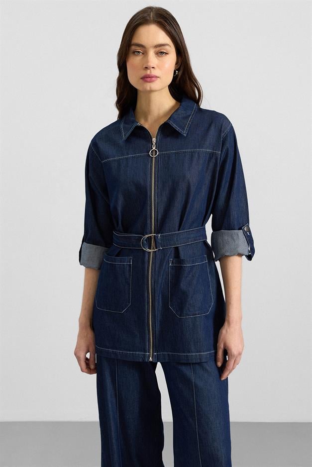 Fermuar Kapamalı Bol Paça Denim İkili Takım KOYU MAVİ 9392-TK