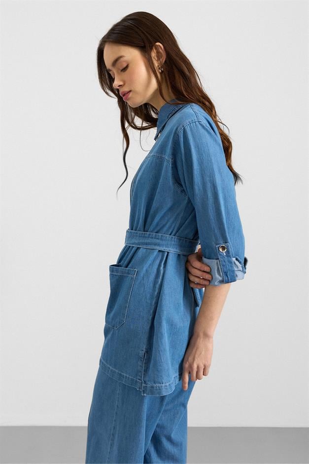 Fermuar Kapamalı Bol Paça Denim İkili Takım AÇIK MAVİ 9392-TK