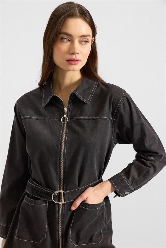 Fermuar Kapamalı Bol Paça Denim İkili Takım ANTRASİT 9392-TK