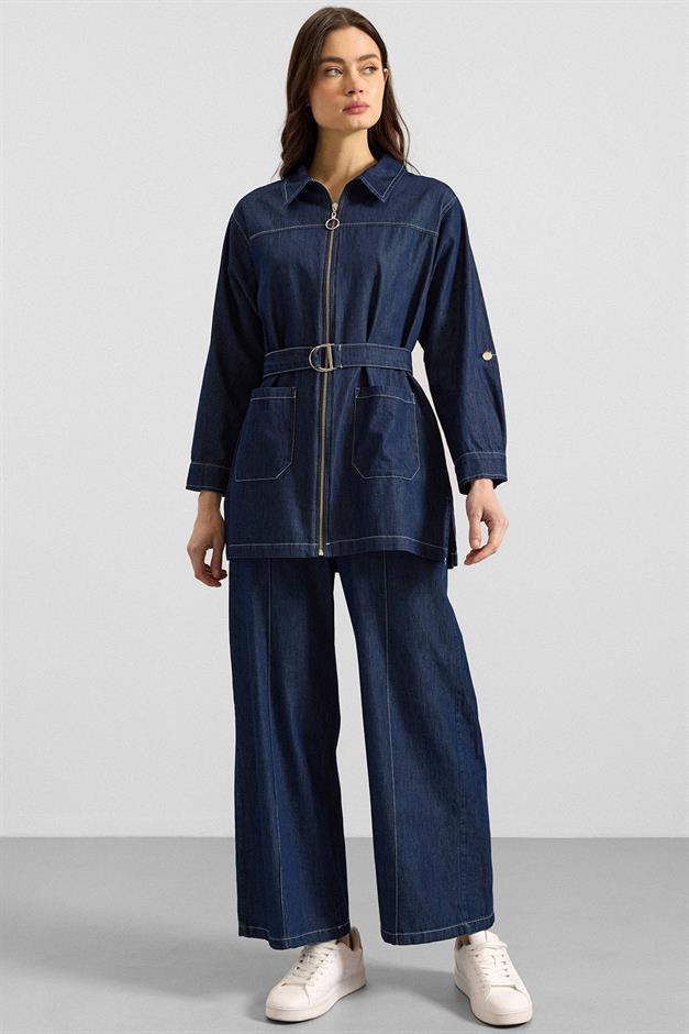 Fermuar Kapamalı Bol Paça Denim İkili Takım KOYU MAVİ 9392-TK