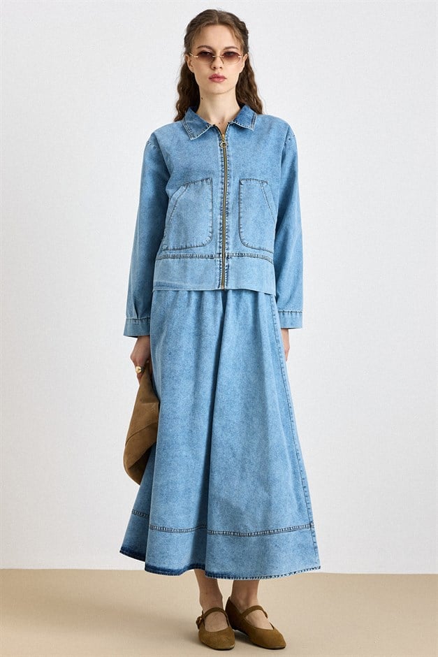 Fermuar Kapamalı Ceket Etek Denim Takım MAVİ 9447-TK