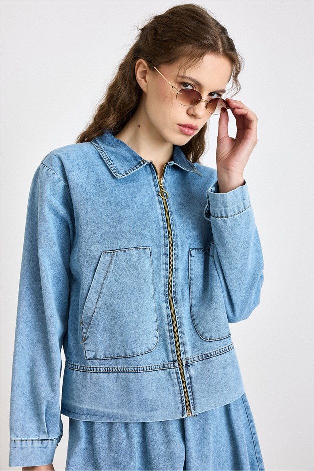 Fermuar Kapamalı Ceket Etek Denim Takım MAVİ 9447-TK