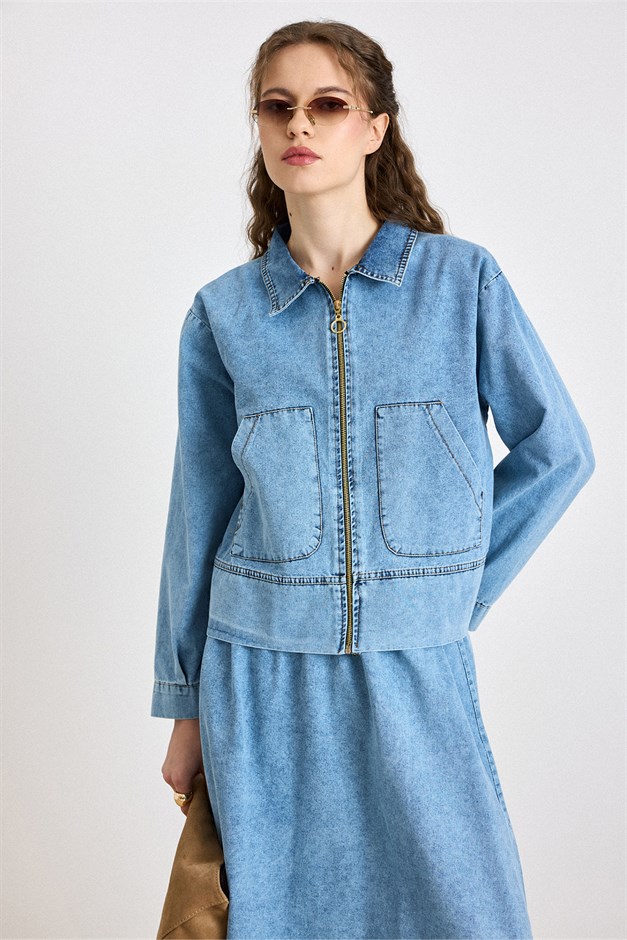 Fermuar Kapamalı Ceket Etek Denim Takım MAVİ 9447-TK