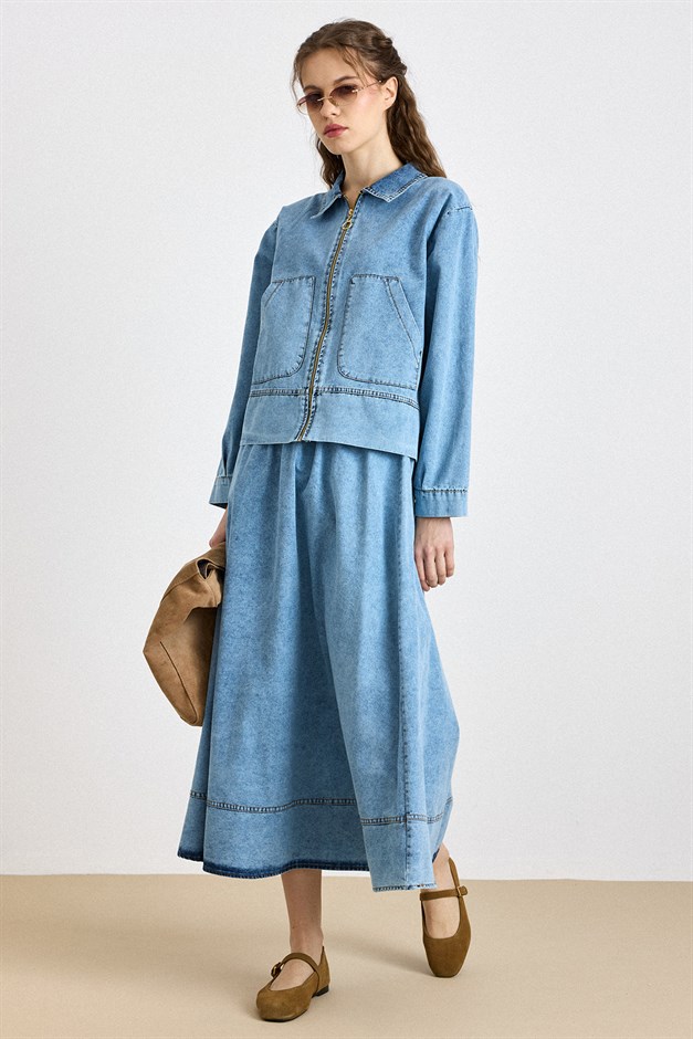 Fermuar Kapamalı Ceket Etek Denim Takım MAVİ 9447-TK