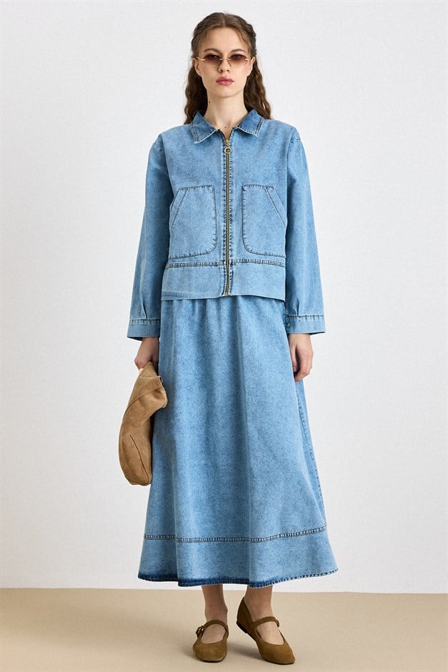 Fermuar Kapamalı Ceket Etek Denim Takım MAVİ 9447-TK