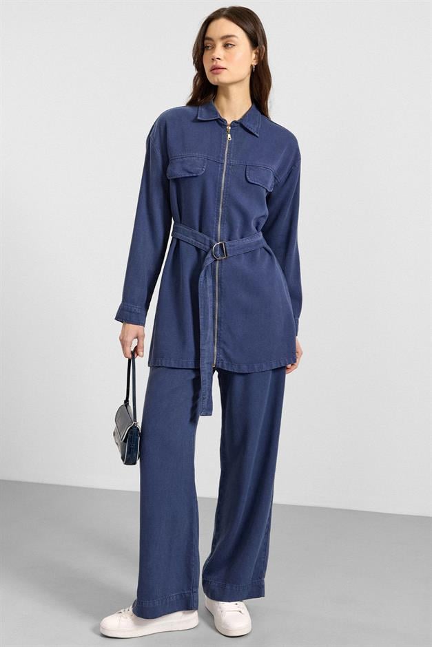 Fermuar Kapamalı Ceket Pantolon Soft Denim İkili Takım İNDİGO 9395-TK