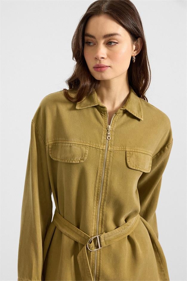 Fermuar Kapamalı Ceket Pantolon Soft Denim İkili Takım YAĞ YEŞİLİ 9395-TK