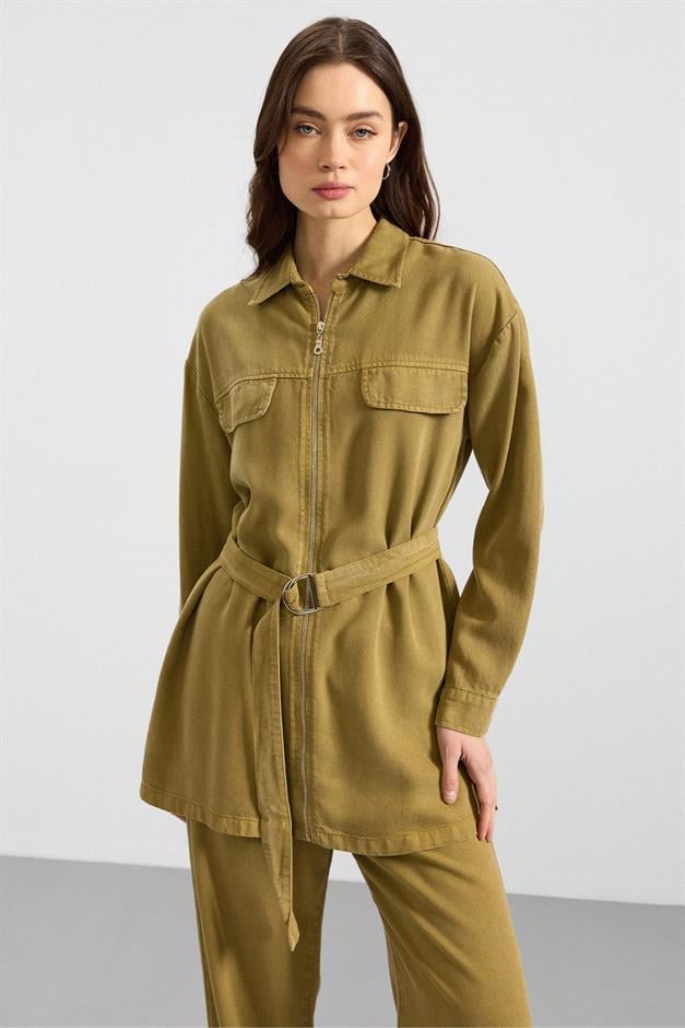 Fermuar Kapamalı Ceket Pantolon Soft Denim İkili Takım YAĞ YEŞİLİ 9395-TK