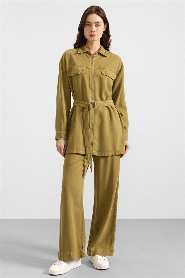 Fermuar Kapamalı Ceket Pantolon Soft Denim İkili Takım YAĞ YEŞİLİ 9395-TK