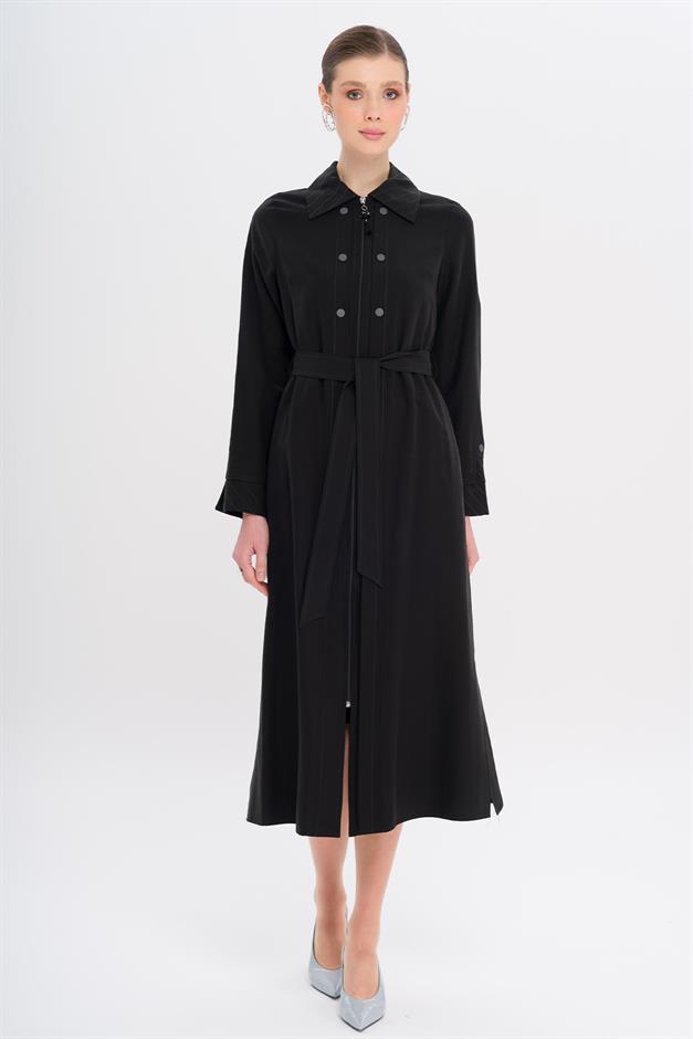 Unlined Modal Coat with Zipper Closure and Stitching Details BLACK 6721