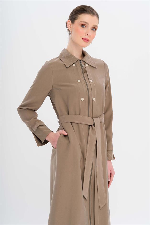 Unlined Modal Coat with Zipper Closure and Stitching Details A.COFFEE 6721