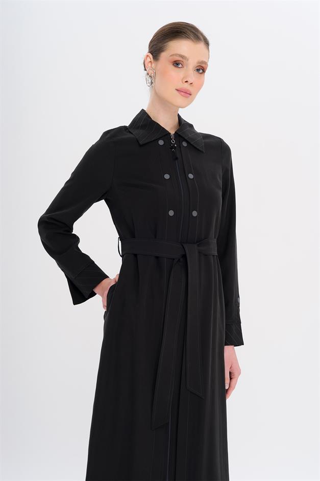Unlined Modal Coat with Zipper Closure and Stitching Details BLACK 6721