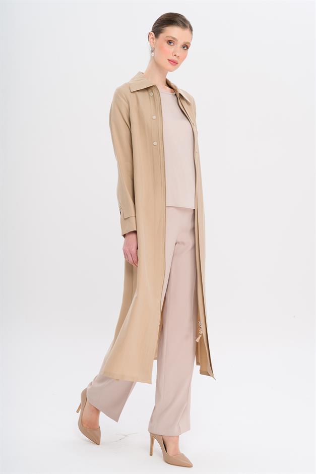 Unlined Modal Coat with Zipper Closure and Stitching Details IVORY 6721