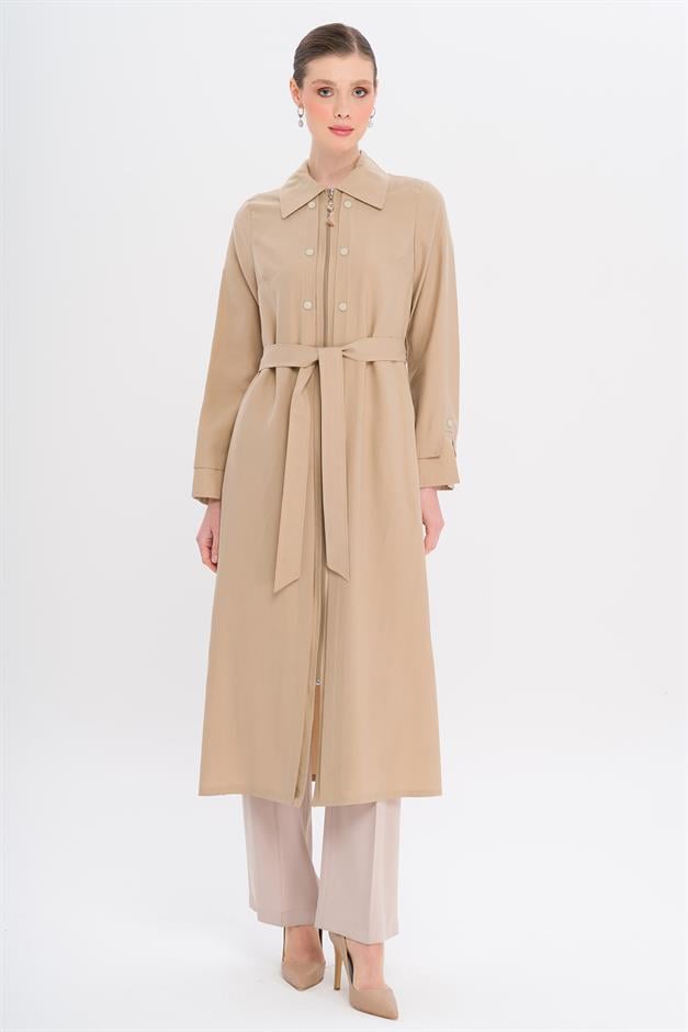 Unlined Modal Coat with Zipper Closure and Stitching Details IVORY 6721