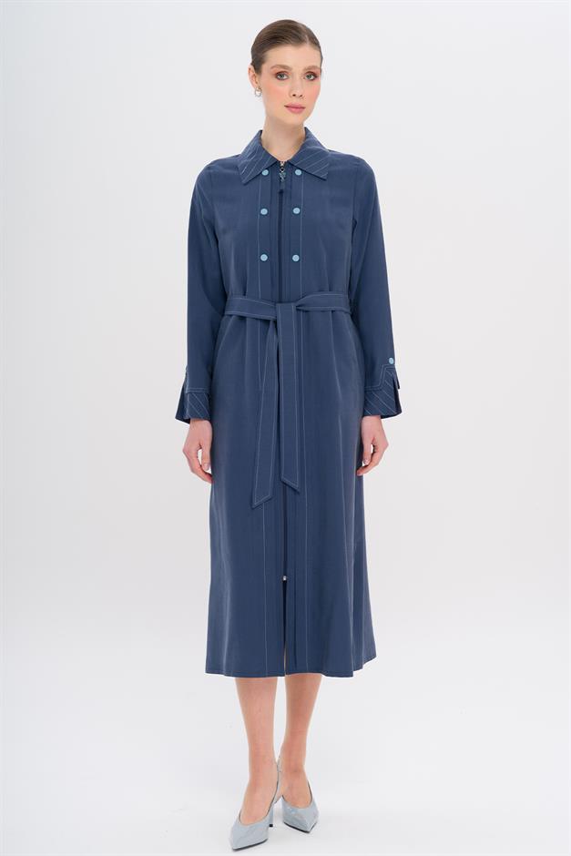 Unlined Modal Coat with Zipper Closure and Stitching Details İNDİGO 6721