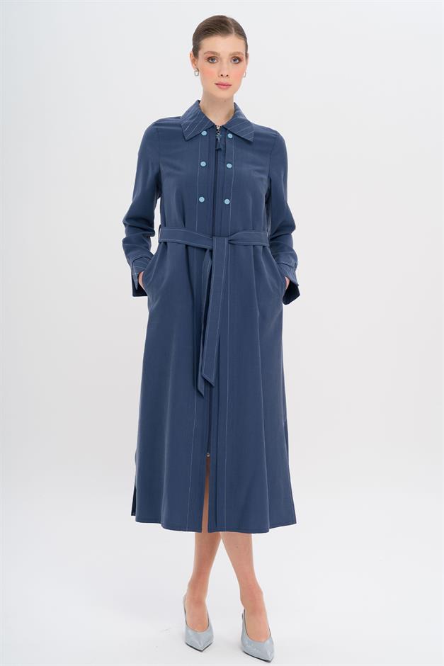 Unlined Modal Coat with Zipper Closure and Stitching Details İNDİGO 6721