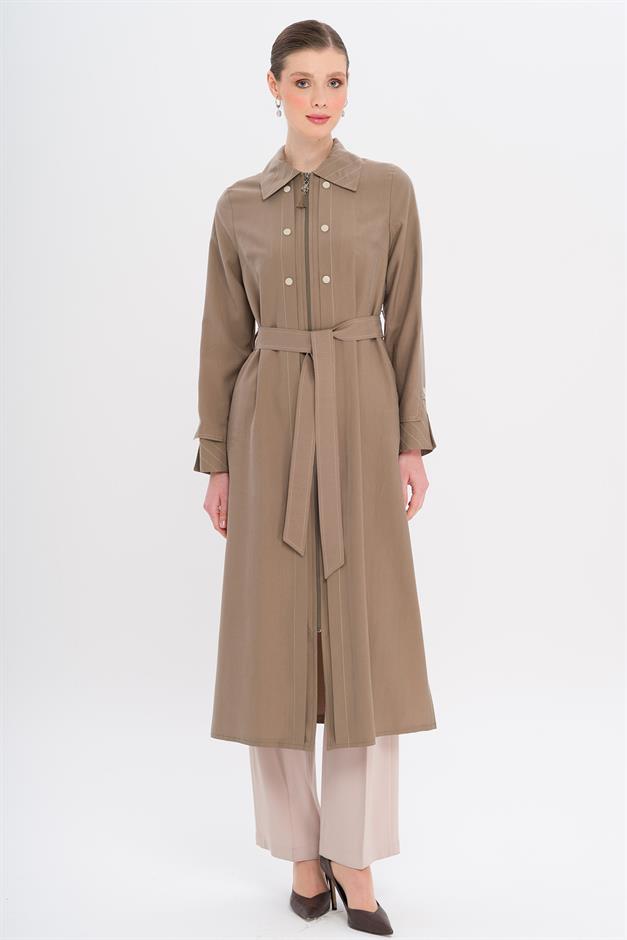 Unlined Modal Coat with Zipper Closure and Stitching Details A.COFFEE 6721