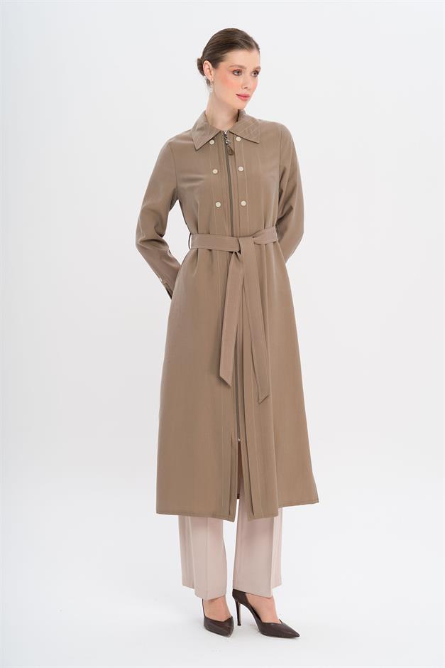 Unlined Modal Coat with Zipper Closure and Stitching Details A.COFFEE 6721
