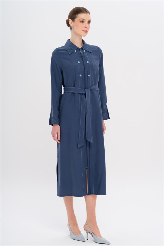 Unlined Modal Coat with Zipper Closure and Stitching Details İNDİGO 6721