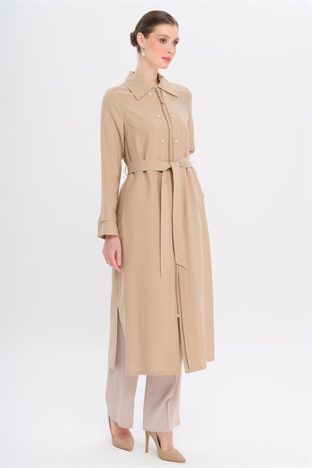 Unlined Modal Coat with Zipper Closure and Stitching Details IVORY 6721