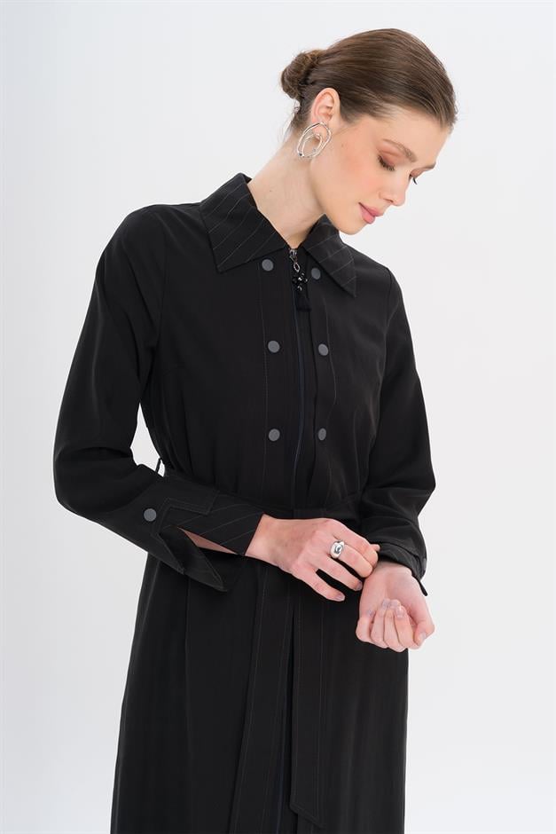Unlined Modal Coat with Zipper Closure and Stitching Details BLACK 6721