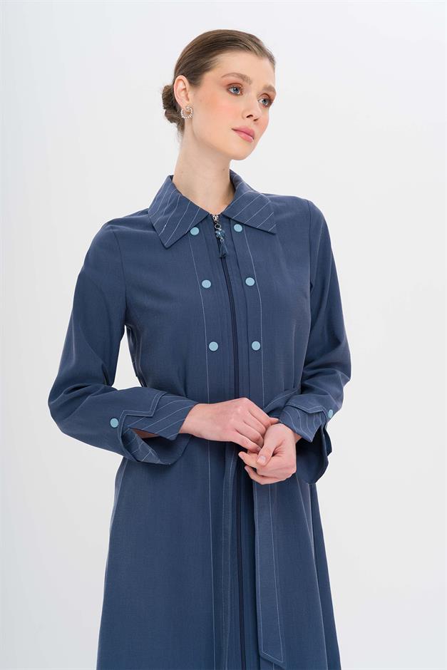 Unlined Modal Coat with Zipper Closure and Stitching Details İNDİGO 6721