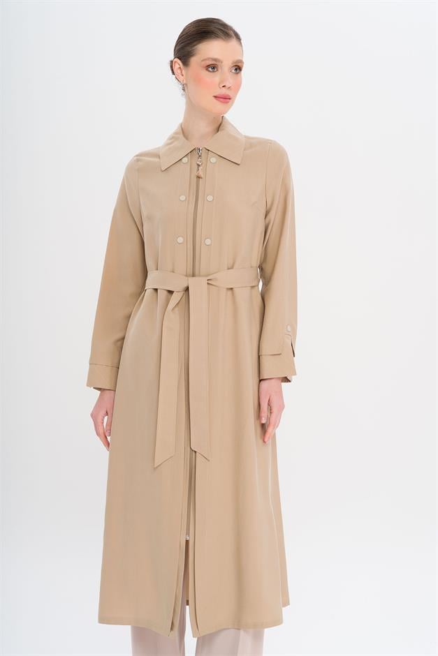 Unlined Modal Coat with Zipper Closure and Stitching Details IVORY 6721