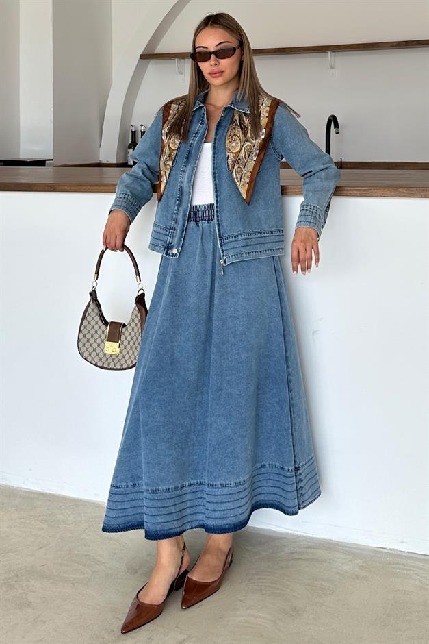 Zippered Stitched Detailed Jacket Skirt Denim Suit BLUE 9380-TK