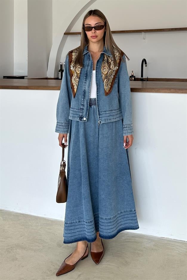 Zippered Stitched Detailed Jacket Skirt Denim Suit BLUE 9380-TK