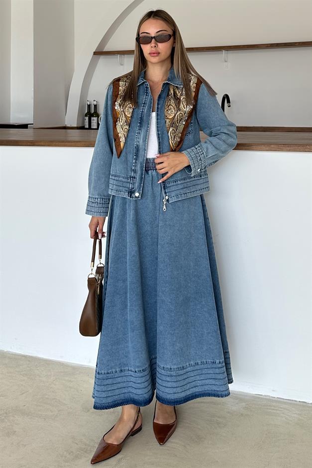 Zippered Stitched Detailed Jacket Skirt Denim Suit BLUE 9380-TK