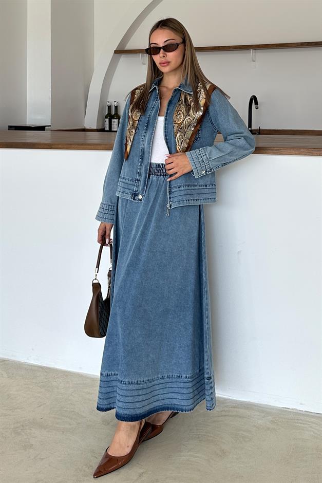 Zippered Stitched Detailed Jacket Skirt Denim Suit BLUE 9380-TK