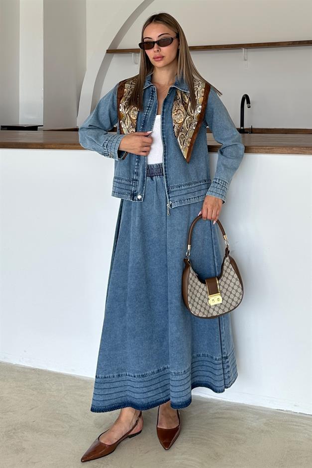 Zippered Stitched Detailed Jacket Skirt Denim Suit BLUE 9380-TK