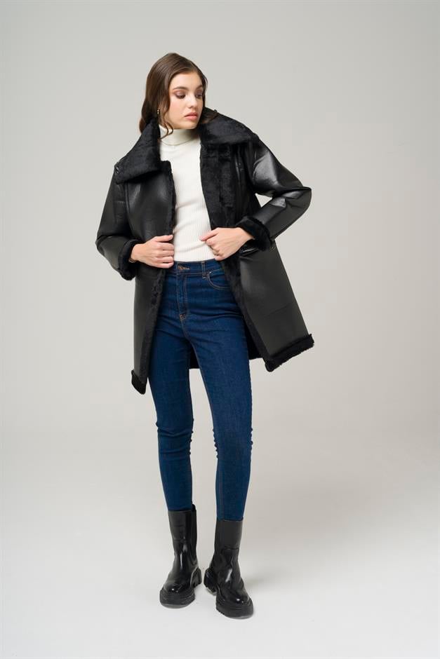 Zippered Fur Lined Leather Coat BLACK 6513-D