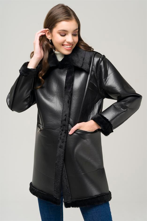 Zippered Fur Lined Leather Coat BLACK 6513-D