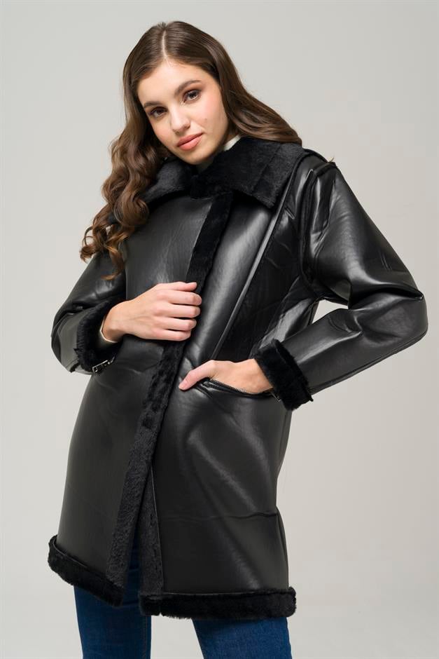 Zippered Fur Lined Leather Coat BLACK 6513-D
