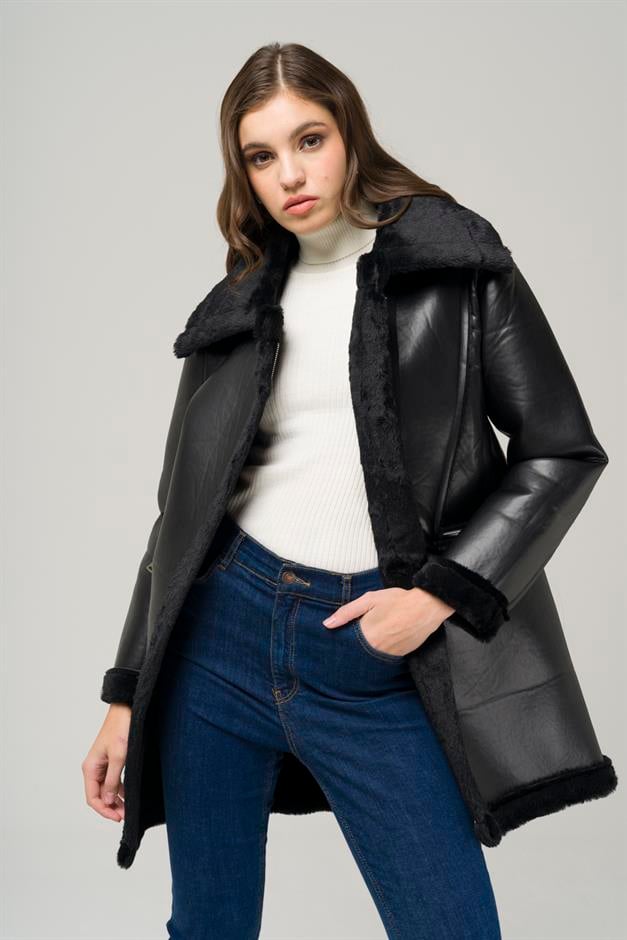 Zippered Fur Lined Leather Coat BLACK 6513-D