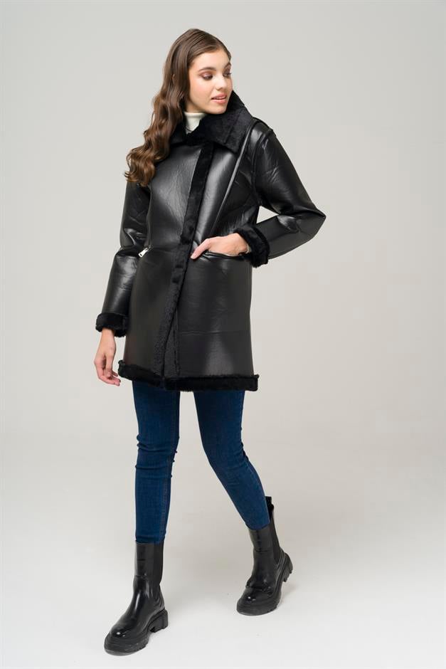 Zippered Fur Lined Leather Coat BLACK 6513-D
