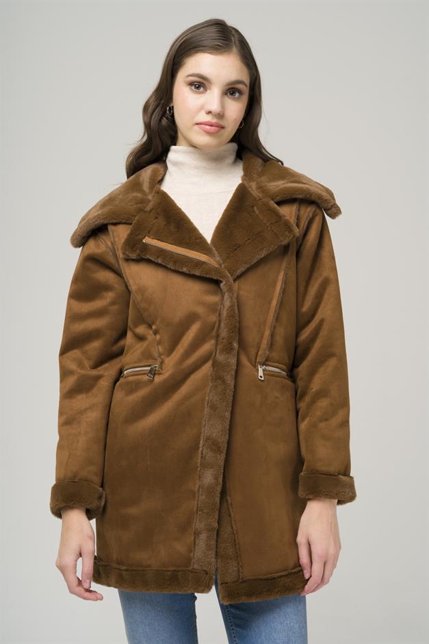 Suede Coat with Fur Lining and Zipper Closure CAMEL 6513