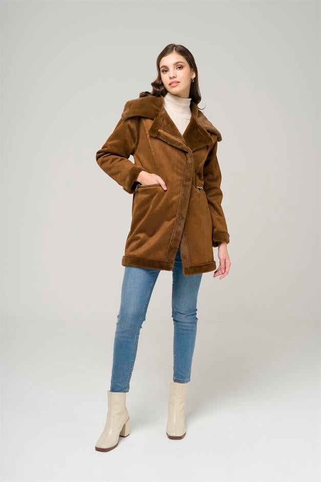 Suede Coat with Fur Lining and Zipper Closure CAMEL 6513