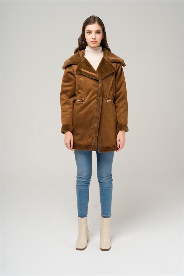 Suede Coat with Fur Lining and Zipper Closure CAMEL 6513