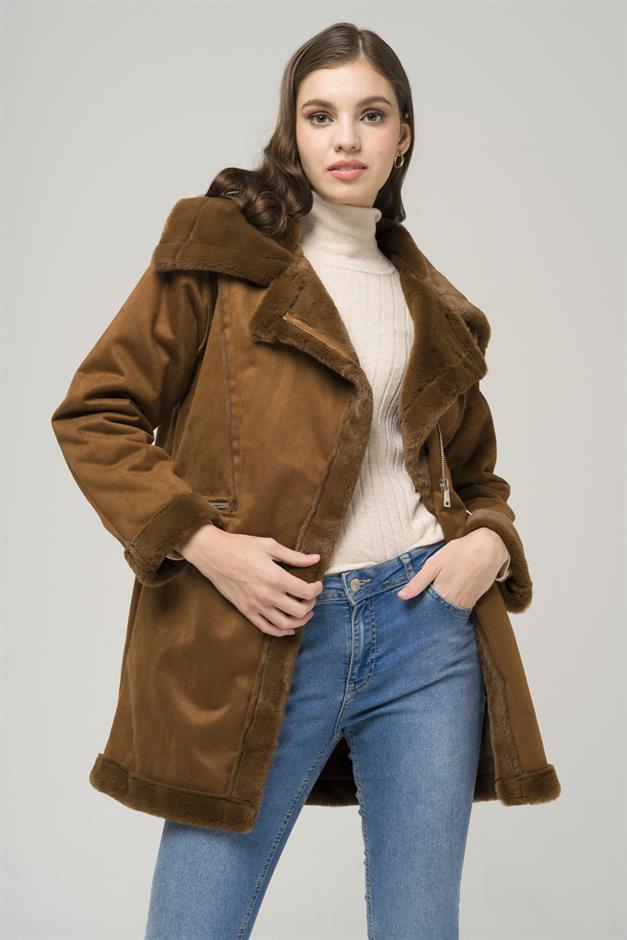 Suede Coat with Fur Lining and Zipper Closure CAMEL 6513