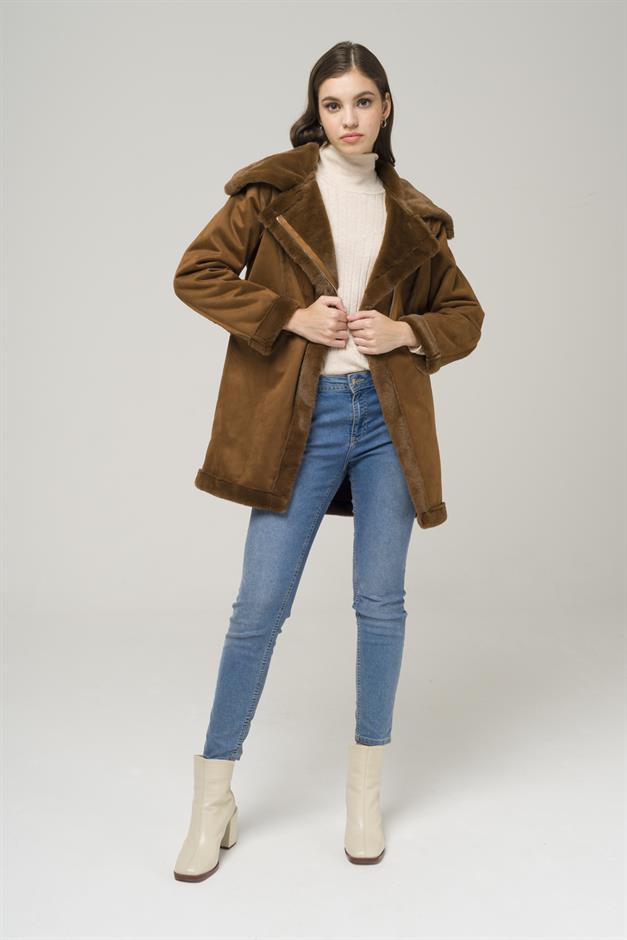 Suede Coat with Fur Lining and Zipper Closure CAMEL 6513