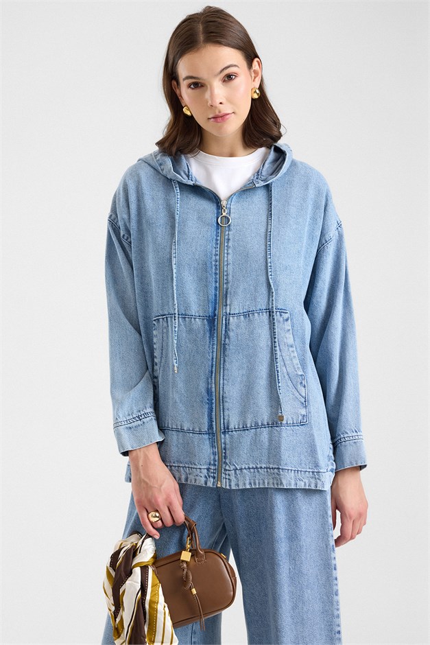 Fermuar Kapamalı Kapüşonlu Soft Denim Ceket Pantolon İkili Takım AÇIK MAVİ 9402-TK