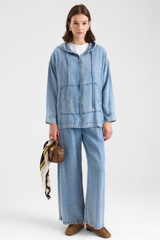 Fermuar Kapamalı Kapüşonlu Soft Denim Ceket Pantolon İkili Takım AÇIK MAVİ 9402-TK