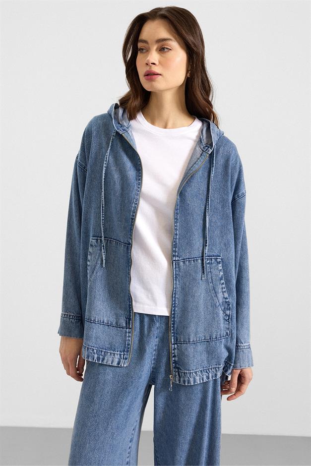 Fermuar Kapamalı Kapüşonlu Soft Denim Ceket Pantolon İkili Takım MAVİ 9402-TK
