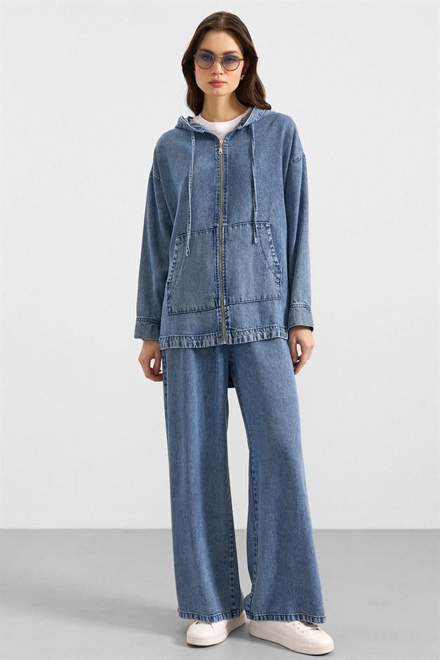 Fermuar Kapamalı Kapüşonlu Soft Denim Ceket Pantolon İkili Takım MAVİ 9402-TK