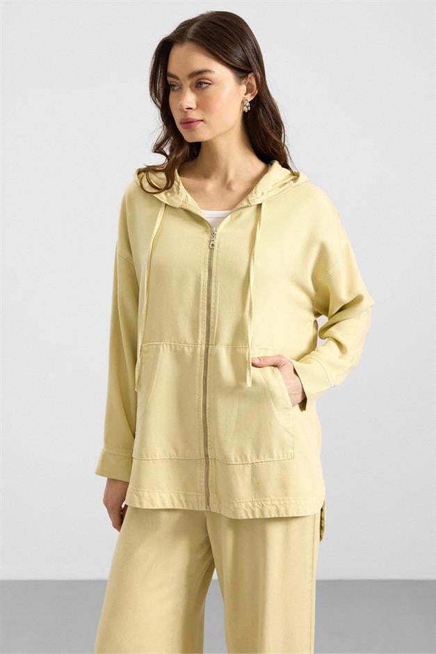 Fermuar Kapamalı Kapüşonlu Soft Denim Ceket Pantolon İkili Takım SARI 9402-TK