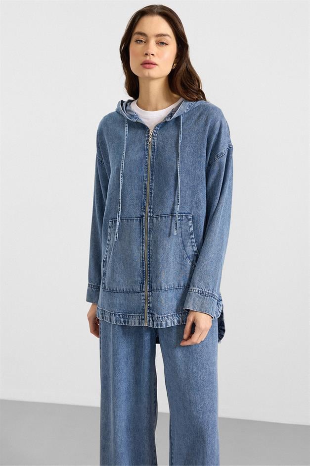 Fermuar Kapamalı Kapüşonlu Soft Denim Ceket Pantolon İkili Takım MAVİ 9402-TK