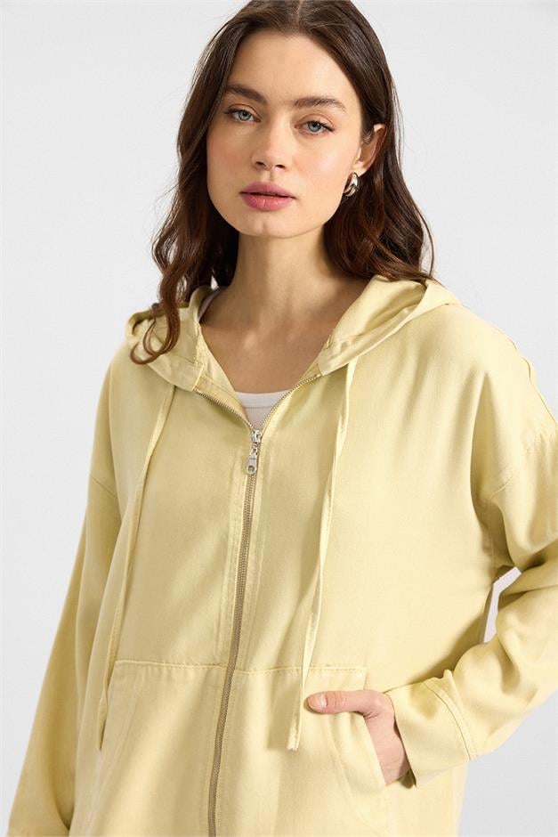 Fermuar Kapamalı Kapüşonlu Soft Denim Ceket Pantolon İkili Takım SARI 9402-TK